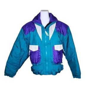 Vintage 80s Edelweiss Ski Puffer Jacket Womens M Teal Purple White Colorblock